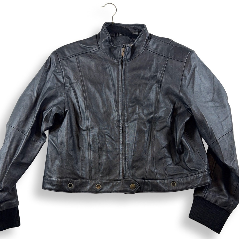 Monroe & Main Black Genuine Leather Cropped Bomber Jacket Womens XL Moto